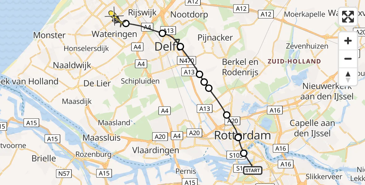 Routekaart van de vlucht: Lifeliner 2 naar Den Haag, Brede Hilledijk