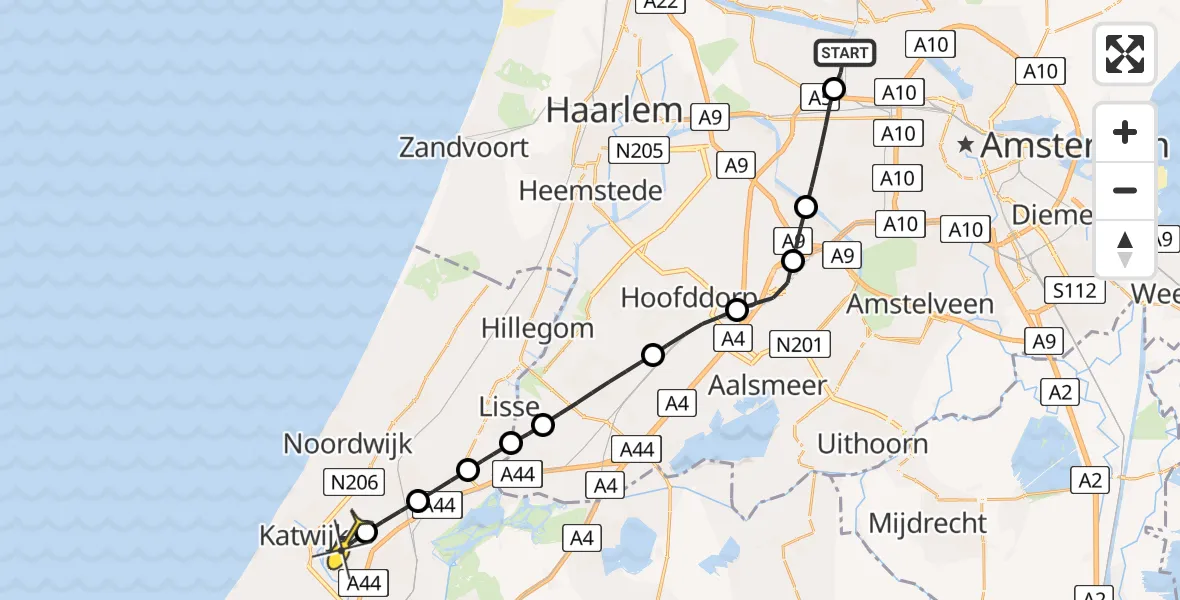 Routekaart van de vlucht: Lifeliner 1 naar Rijnsburg, Nieuw-Zeelandweg