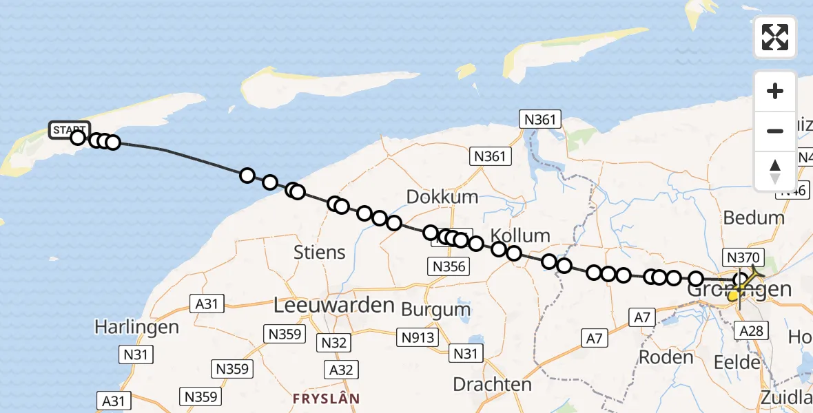 Routekaart van de vlucht: Ambulancehelikopter naar Universitair Medisch Centrum Groningen, Duinweg Midsland