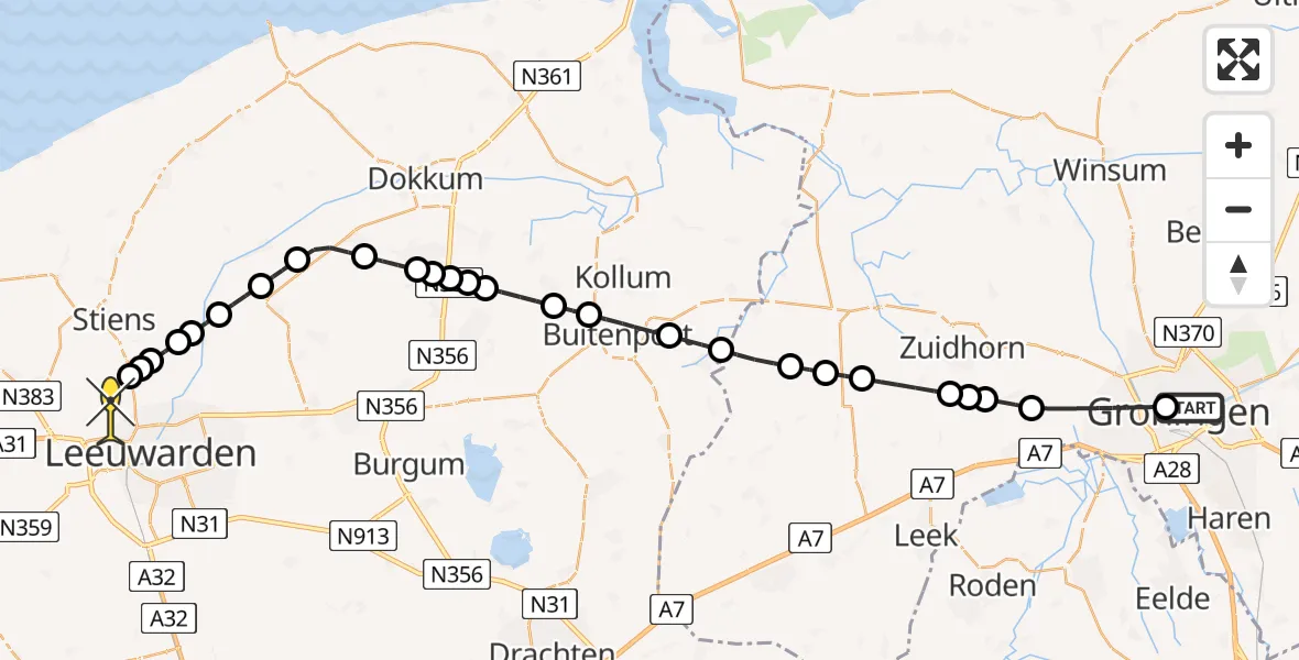 Routekaart van de vlucht: Ambulanceheli naar Vliegbasis Leeuwarden, Grote Leliestraat