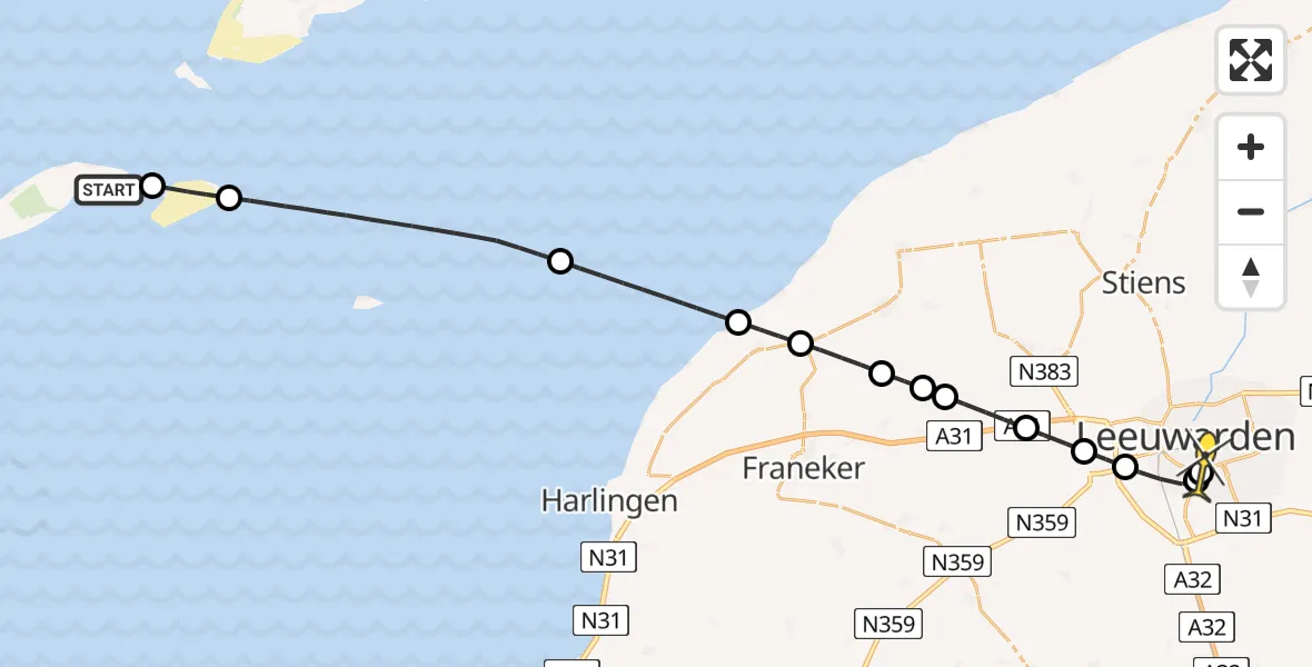 Routekaart van de vlucht: Ambulanceheli naar Leeuwarden, Vliesloot