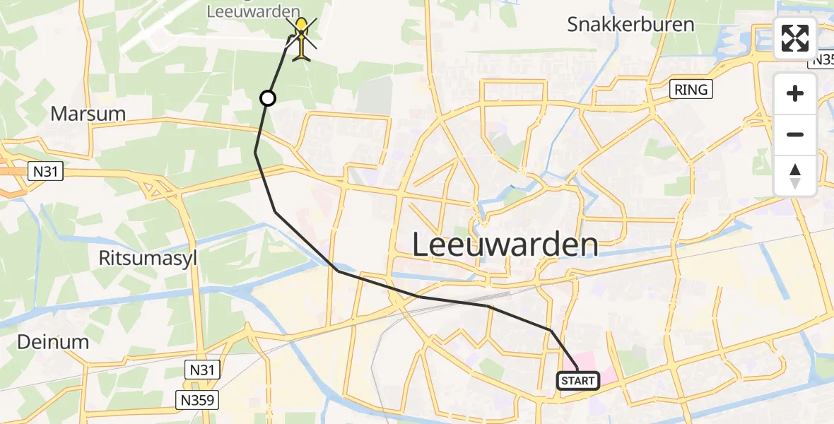 Routekaart van de vlucht: Ambulanceheli naar Vliegbasis Leeuwarden, Wijnhornsterstraat