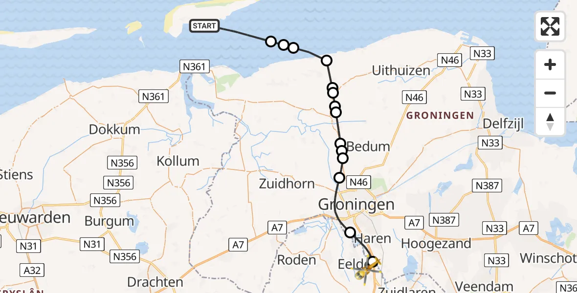 Vluchtroute Ambulancehelikopter Schiermonnikoog - Groningen Airport Eelde, 09 september 2025, 09:43