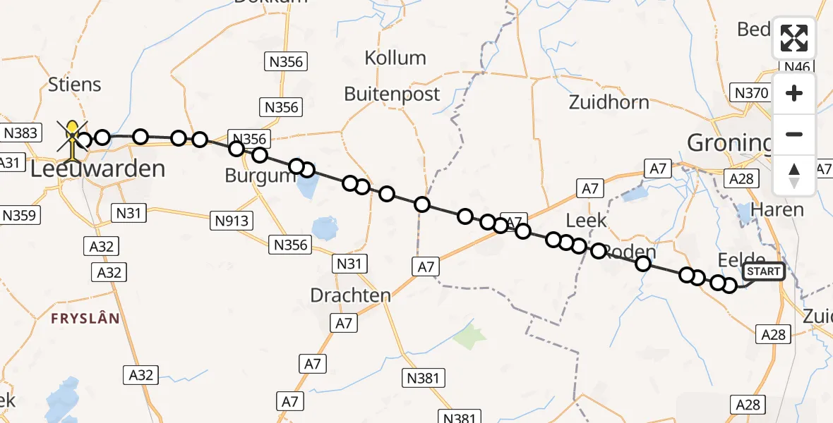 Routekaart van de vlucht: Ambulanceheli naar Vliegbasis Leeuwarden, Moespot