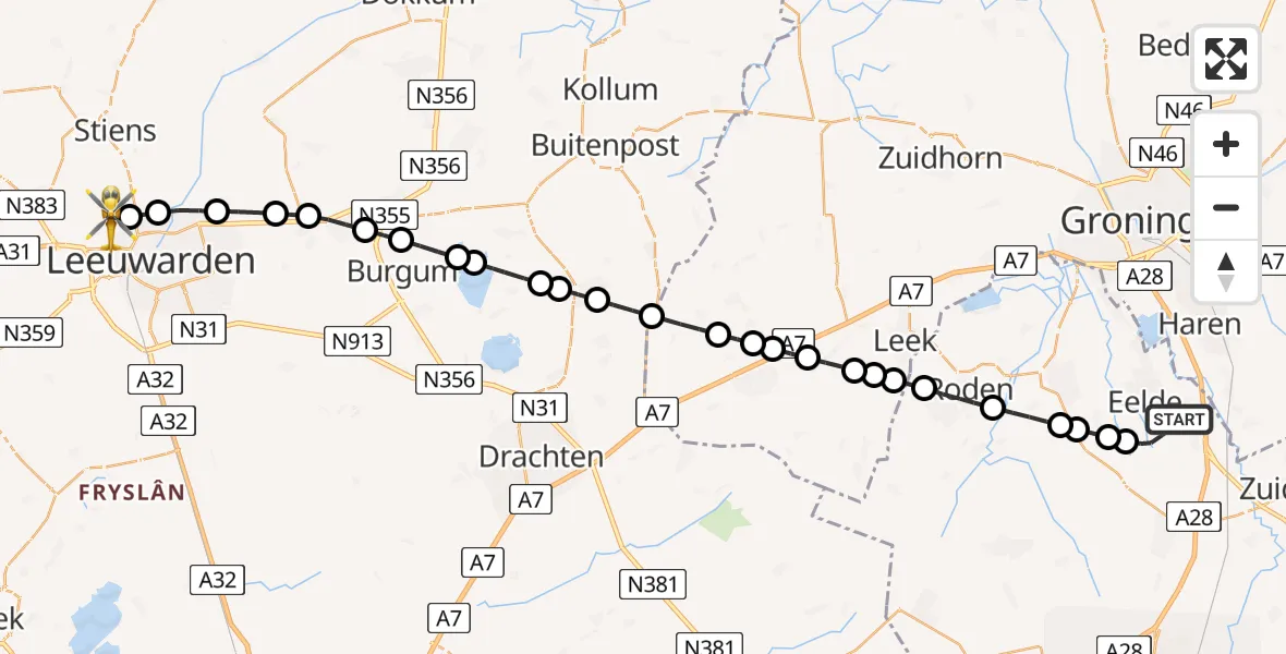 Vluchtroute Ambulancehelikopter Groningen Airport Eelde - Vliegbasis Leeuwarden, 09 september 2025, 10:21