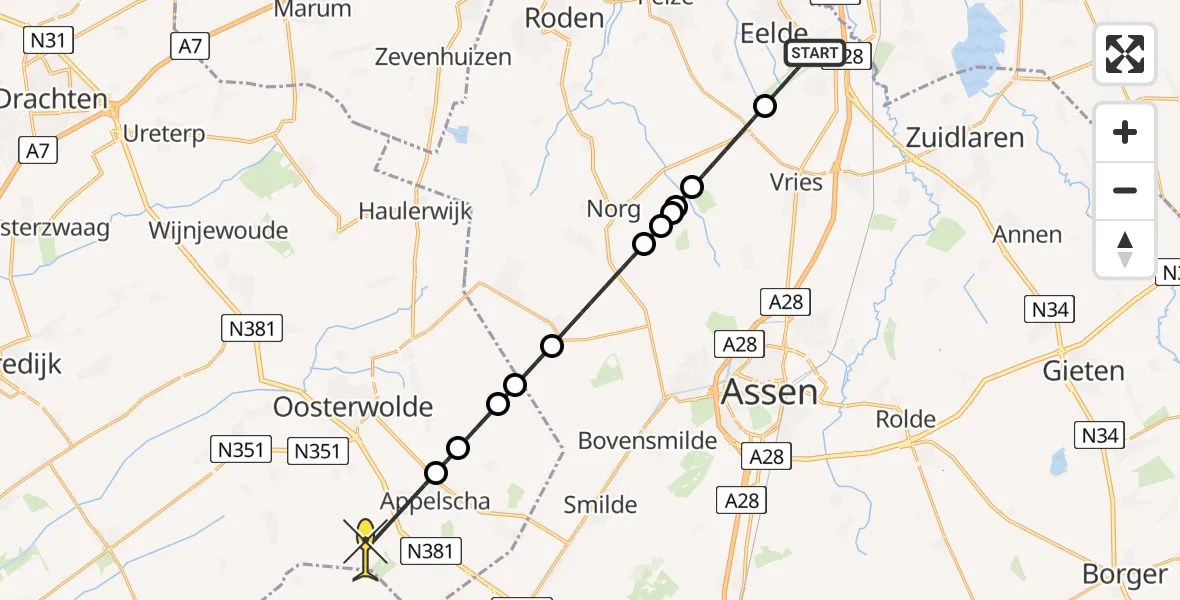 Routekaart van de vlucht: Lifeliner 4 naar Appelscha, Lugtenbergerweg