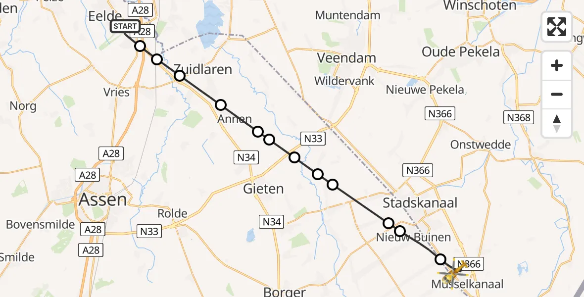 Vluchtroute Traumahelikopter van Groningen Airport Eelde naar Musselkanaal