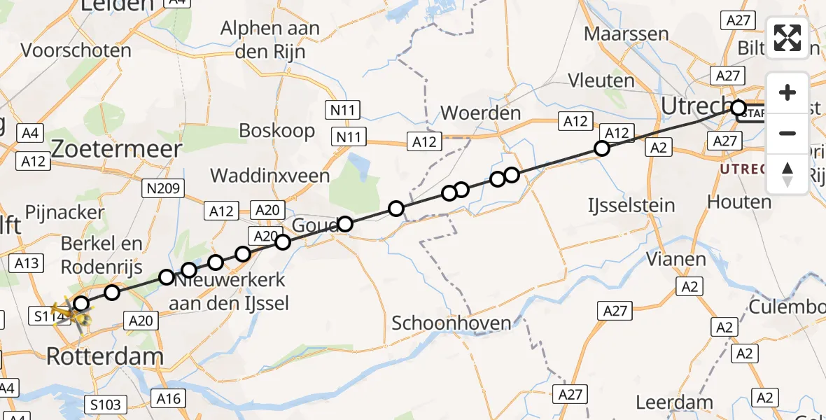 Vluchtroute Traumahelikopter Universitair Medisch Centrum Utrecht - Rotterdam The Hague Airport, 09 september 2025, 14:00