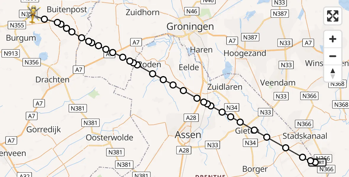 Vluchtroute Traumahelikopter van Musselkanaal naar De Westereen