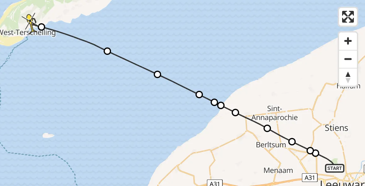 Routekaart van de vlucht: Ambulancehelikopter naar West-Terschelling, Keegsdijkje