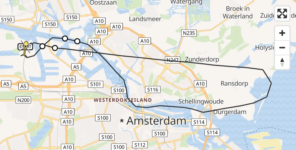 Routekaart van de vlucht: Lifeliner 1 naar Amsterdam Heliport, Westhavenweg
