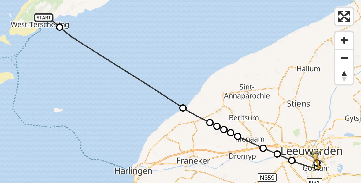 Vluchtroute Ambulancehelikopter West-Terschelling - Leeuwarden, 09 september 2025, 15:11