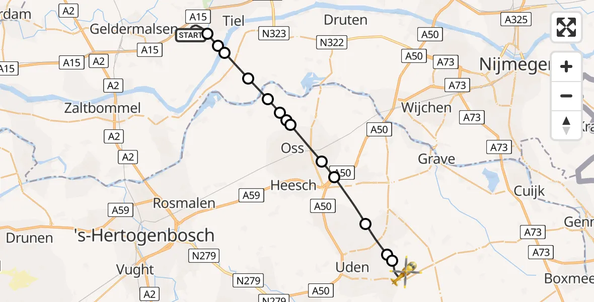 Vluchtroute Traumahelikopter van Kapel Avezaath naar Vliegbasis Volkel