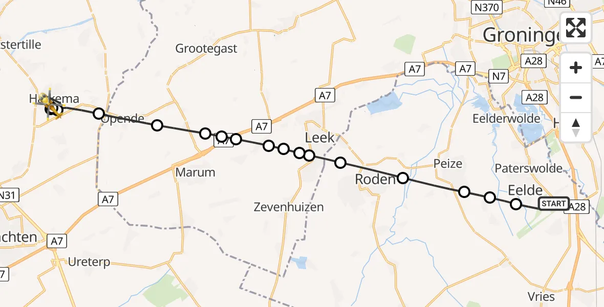 Vluchtroute Traumahelikopter van Groningen Airport Eelde naar Harkema