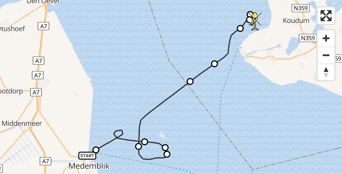 Routekaart van de vlucht: Kustwachthelikopter naar Molkwerum, Zuiderdijkweg
