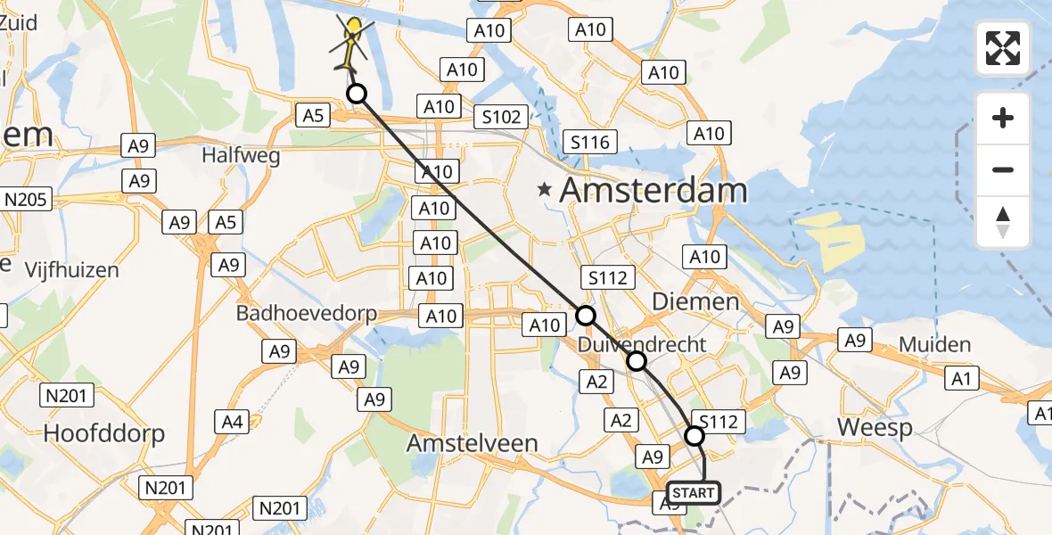Routekaart van de vlucht: Lifeliner 1 naar Amsterdam Heliport, Holendrechtplein