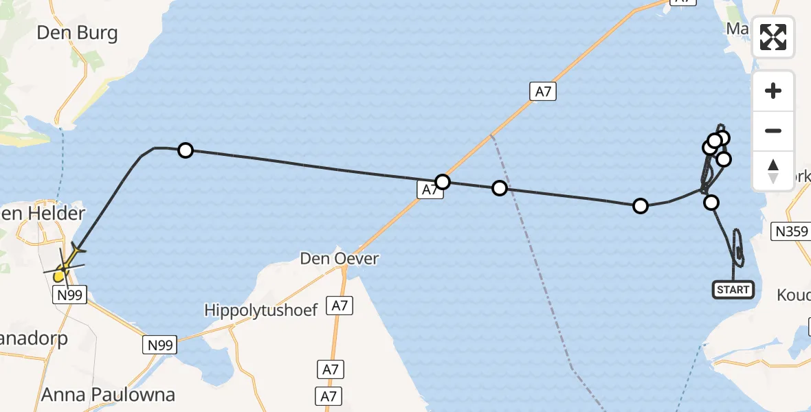 Routekaart van de vlucht: Kustwachthelikopter naar Vliegveld De Kooy, Oostoeverweg