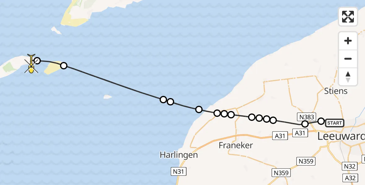 Routekaart van de vlucht: Ambulanceheli naar Vlieland Heliport, Keegsdijkje