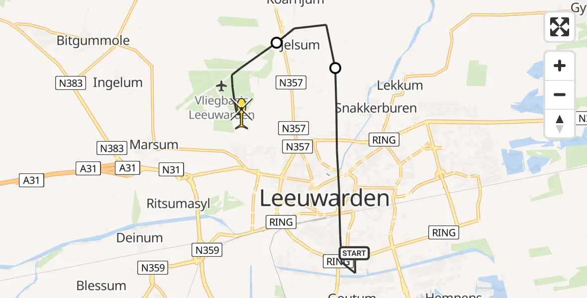 Routekaart van de vlucht: Ambulanceheli naar Vliegbasis Leeuwarden, Aldlânsdyk