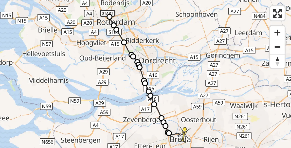 Routekaart van de vlucht: Politiehelikopter naar Breda, Zestienhoven