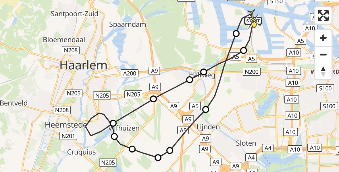 Routekaart van de vlucht: Lifeliner 1 naar Amsterdam Heliport, Nieuw-Zeelandweg