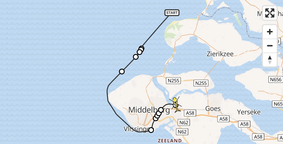 Routekaart van de vlucht: Politiehelikopter naar Vliegveld Midden-Zeeland, Calandweg