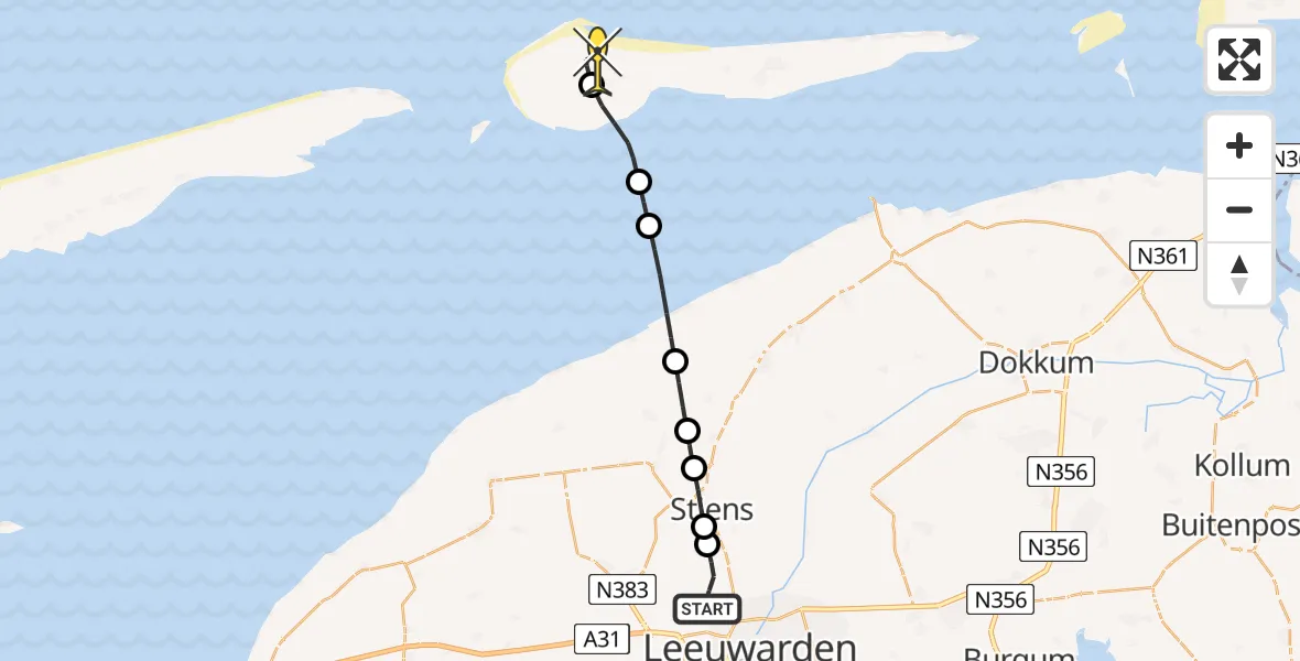 Routekaart van de vlucht: Ambulancehelikopter naar Ameland Airport Ballum, Keegsdijkje