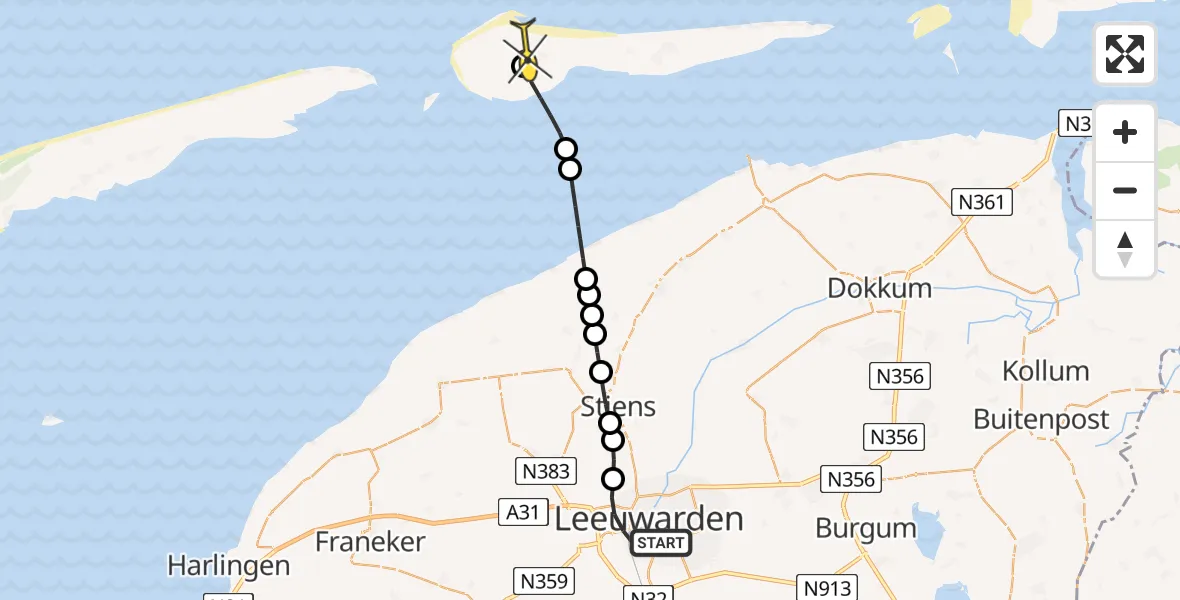 Routekaart van de vlucht: Ambulancehelikopter naar Ameland Airport Ballum, Seilskade