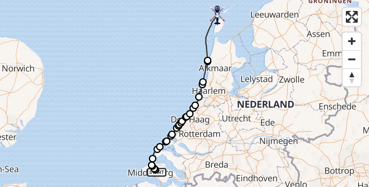 Vluchtroute Politiehelikopter Vliegveld Midden-Zeeland - , 10 september 2025, 16:22