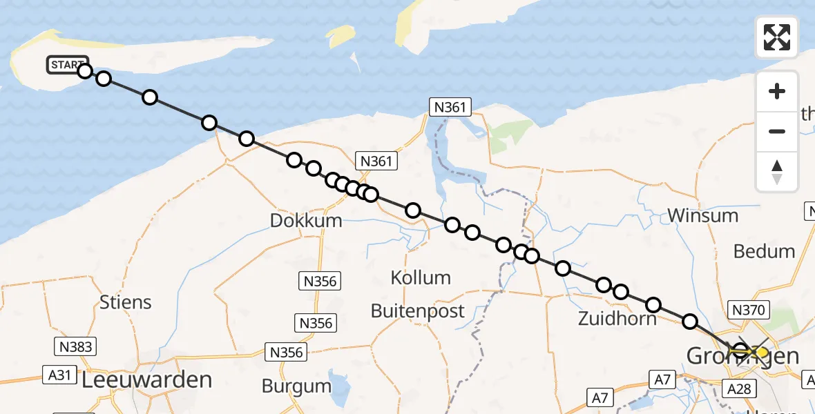 Routekaart van de vlucht: Ambulancehelikopter naar Universitair Medisch Centrum Groningen, Smitteweg