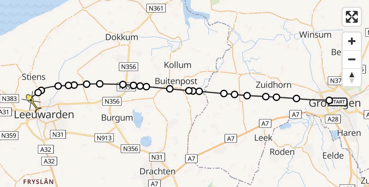 Routekaart van de vlucht: Ambulanceheli naar Vliegbasis Leeuwarden, Verlengde Grachtstraat