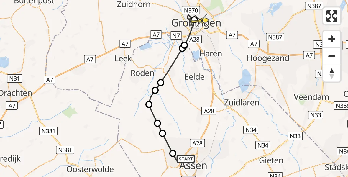 Routekaart van de vlucht: Lifeliner 4 naar Universitair Medisch Centrum Groningen, Winkelstraat