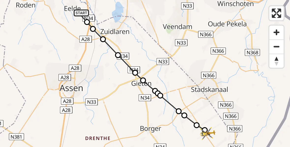 Vluchtroute Traumahelikopter Groningen Airport Eelde - 2e Exloërmond, 11 september 2025, 08:06