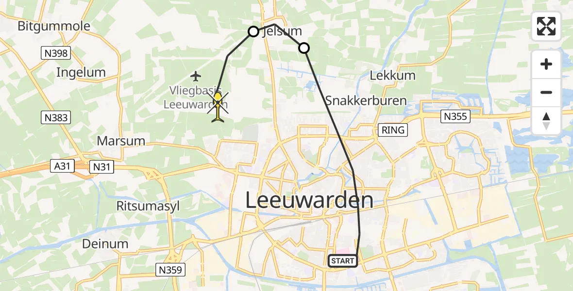 Routekaart van de vlucht: Ambulanceheli naar Vliegbasis Leeuwarden, De Oerset