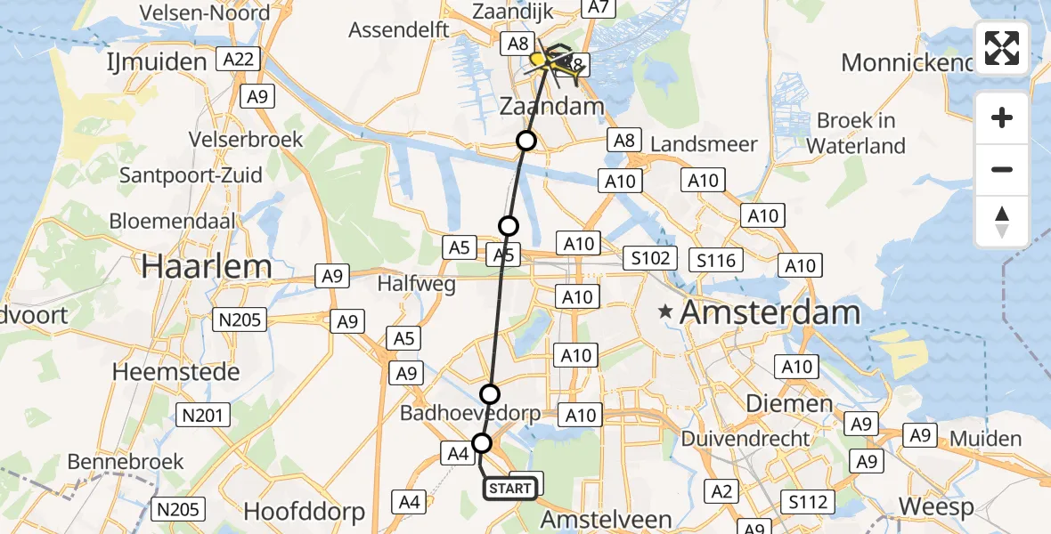 Routekaart van de vlucht: Politieheli naar Zaandam, Loevesteinse Randweg