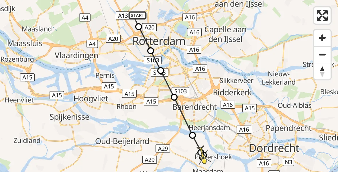 Routekaart van de vlucht: Lifeliner 2 naar Puttershoek, Van der Duijn van Maasdamweg