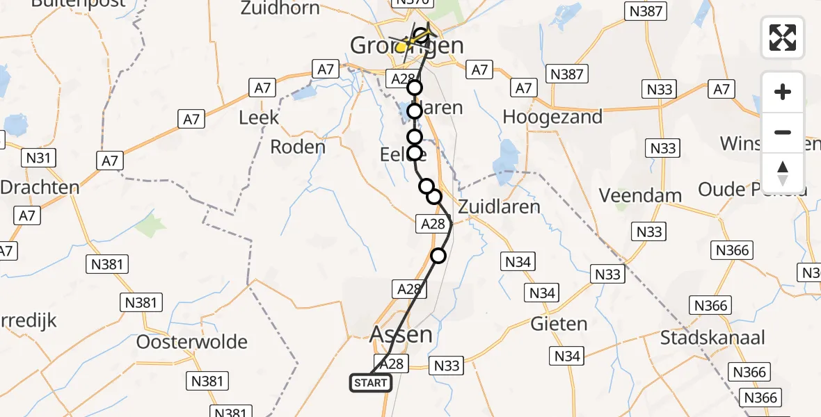 Routekaart van de vlucht: Lifeliner 4 naar Universitair Medisch Centrum Groningen, Witterhaar