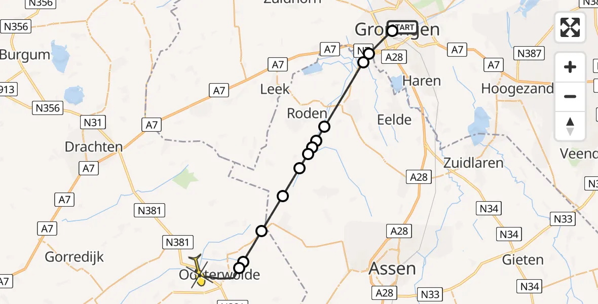 Routekaart van de vlucht: Lifeliner 4 naar Oosterwolde, Hoge der A