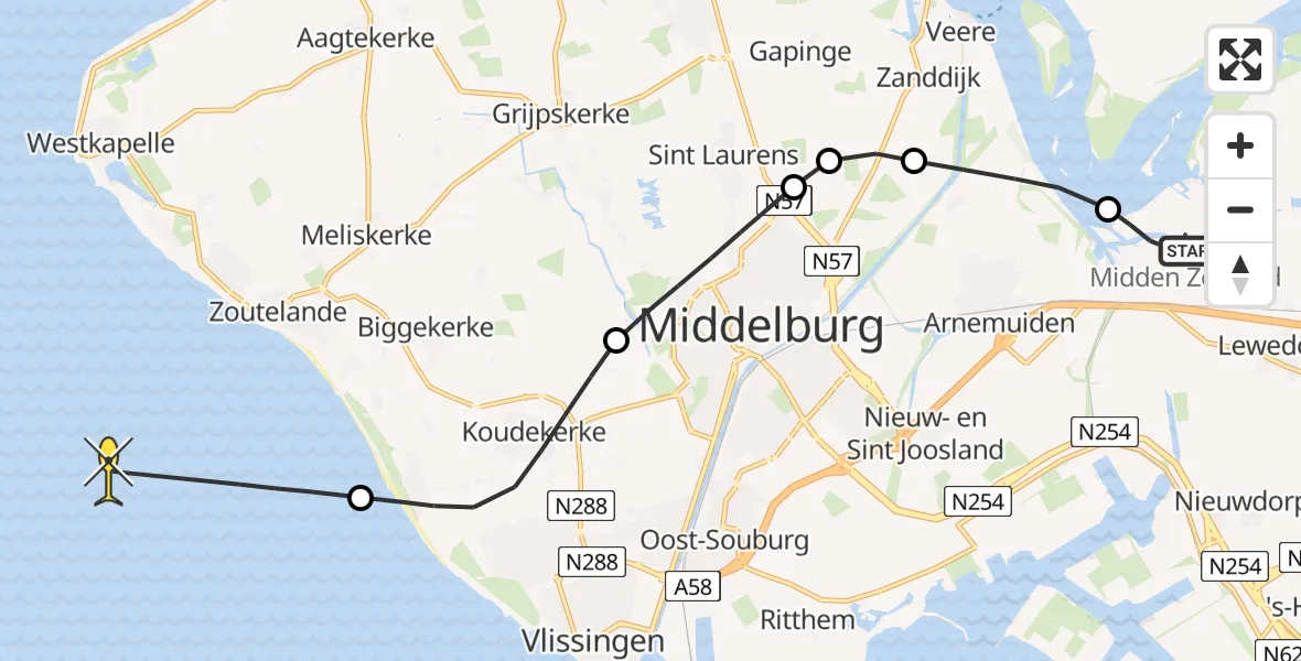 Routekaart van de vlucht: Kustwachthelikopter naar Vlissingen, Lamsoor