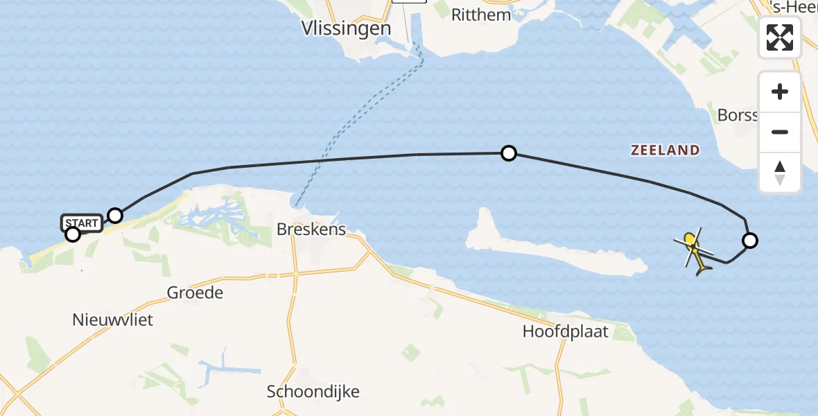 Routekaart van de vlucht: Kustwachthelikopter naar Terneuzen, Zeedijk