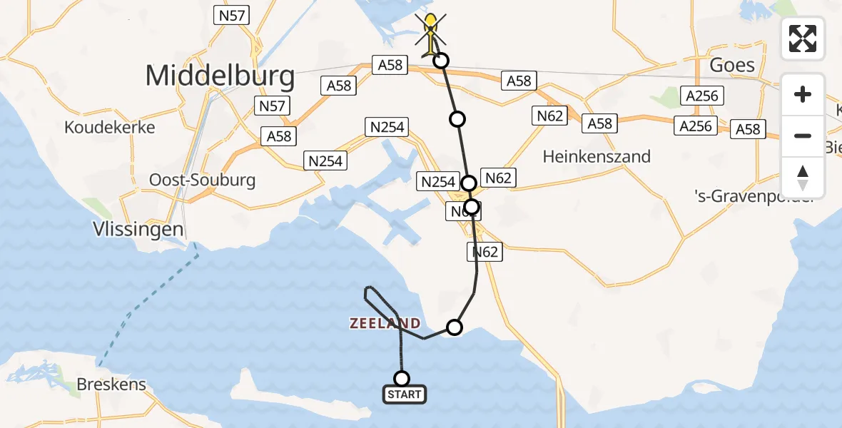 Routekaart van de vlucht: Kustwachthelikopter naar Vliegveld Midden-Zeeland, Westerschelde