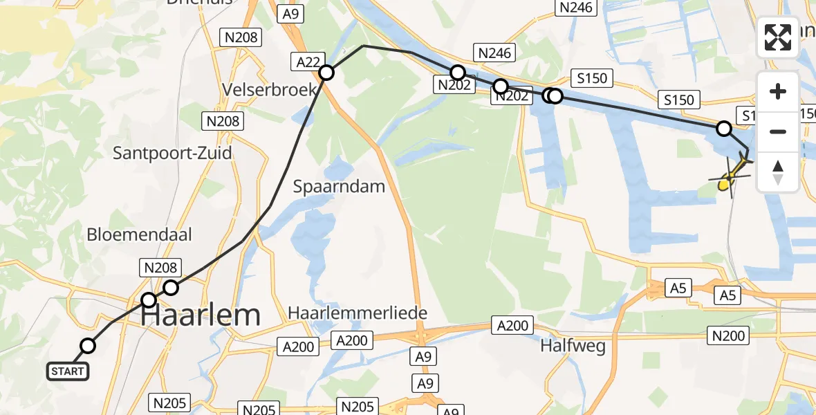 Routekaart van de vlucht: Lifeliner 1 naar Amsterdam Heliport, Zijlweg