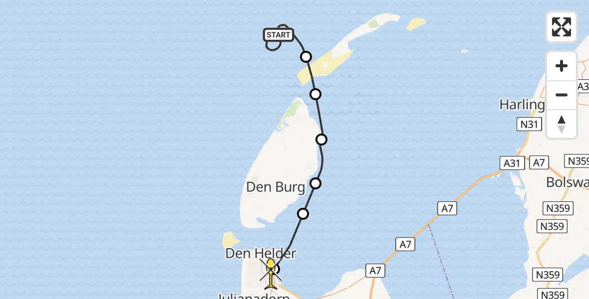 Routekaart van de vlucht: Kustwachthelikopter naar Vliegveld De Kooy, Doggersvaart