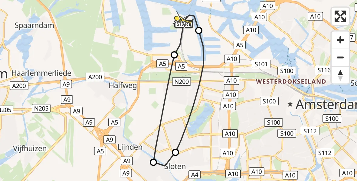 Vluchtroute Traumahelikopter van Amsterdam Heliport naar Amsterdam Heliport