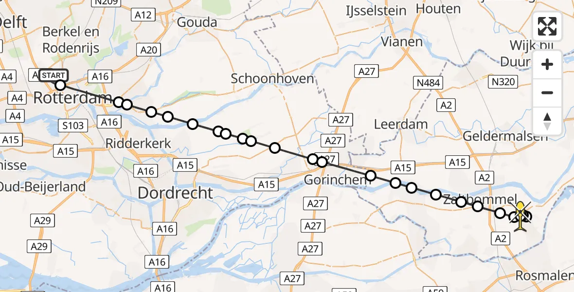 Routekaart van de vlucht: Lifeliner 2 naar Kerkdriel, Van der Duijn van Maasdamweg