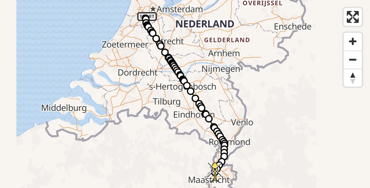 Routekaart van de vlucht: Politiehelikopter naar Maastricht Aachen Airport, Amsterdam-Bataviaweg