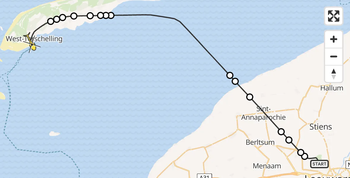 Routekaart van de vlucht: Ambulancehelikopter naar West-Terschelling, Keegsdijkje