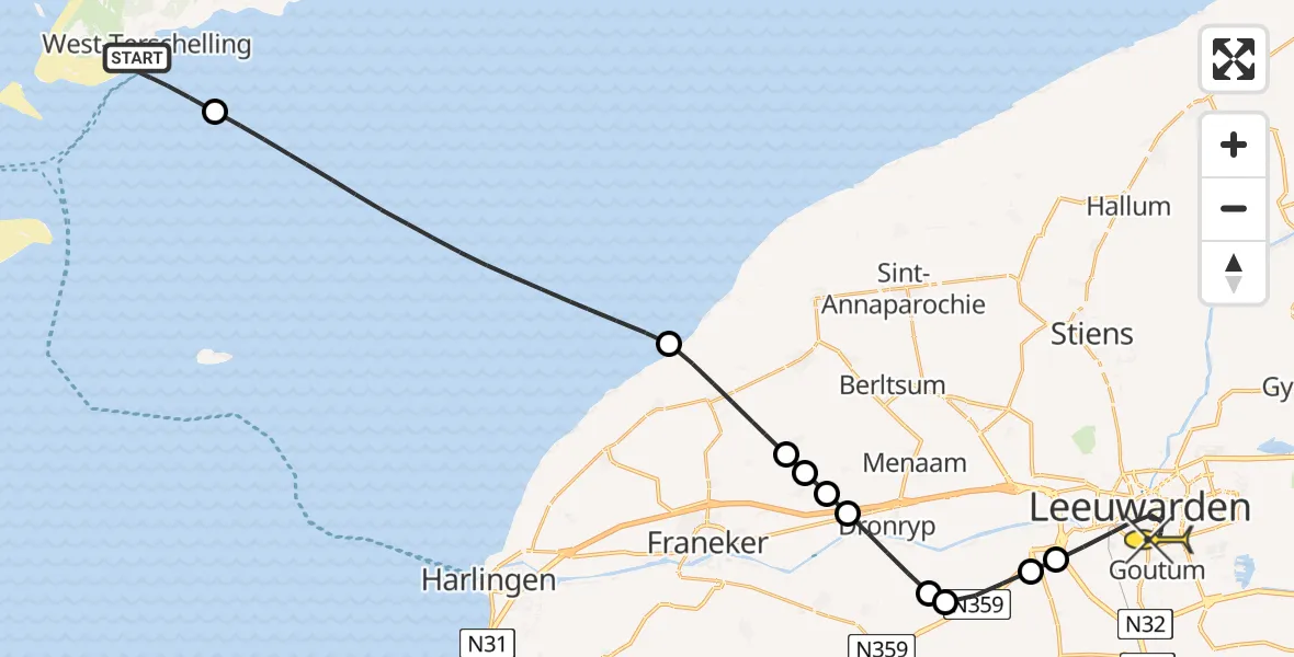 Routekaart van de vlucht: Ambulanceheli naar Leeuwarden, De Kom