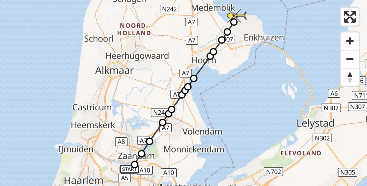 Routekaart van de vlucht: Lifeliner 1 naar Andijk, Westhavenweg
