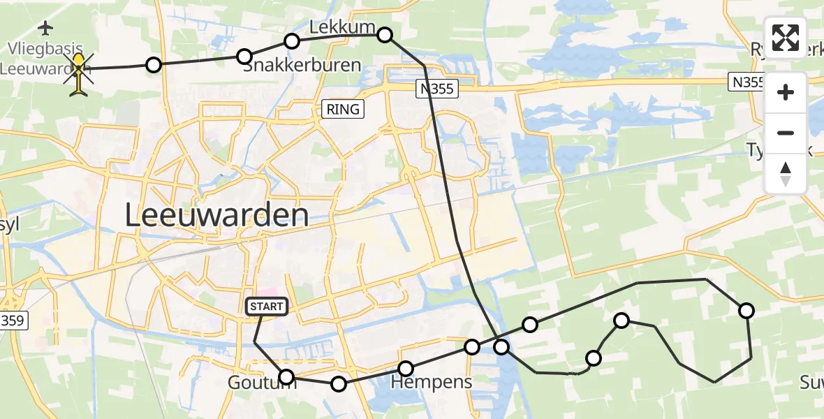 Routekaart van de vlucht: Ambulanceheli naar Vliegbasis Leeuwarden, Buorren